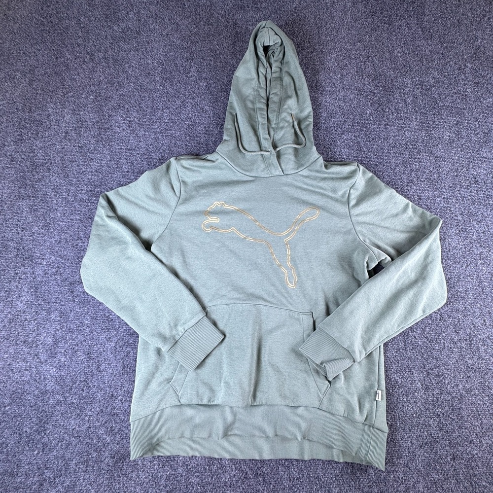 Puma Hoodie Womens Large Olive Green Metallic Logo Performance Relaxed Fit